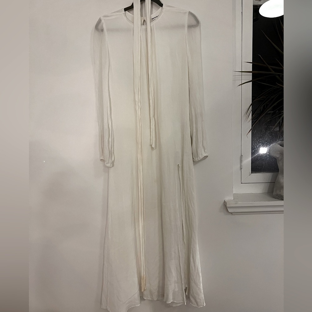 Reformation maxi long sleeve crepe dress with side slit and tie waist S